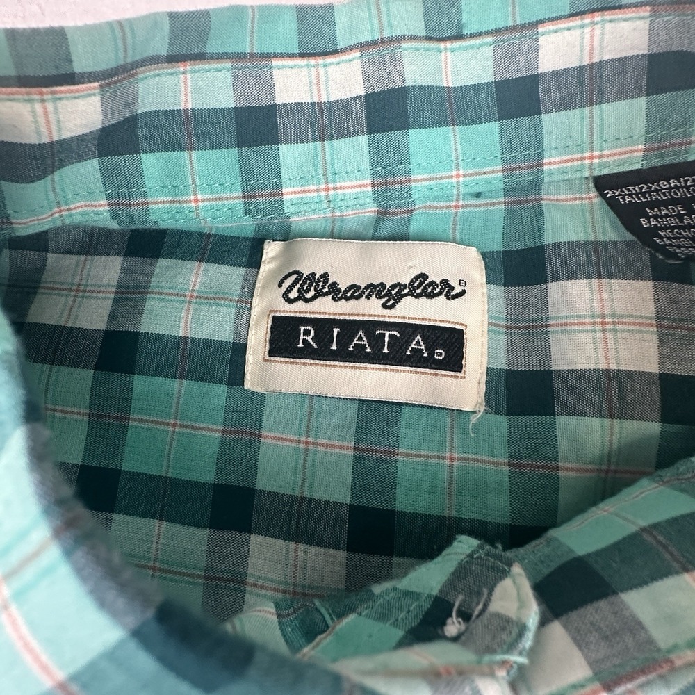 Wrangler Riata Mens 2XLT Teal Plaid Long Sleeve Button Down Shirt Western Casual - Picture 2 of 5